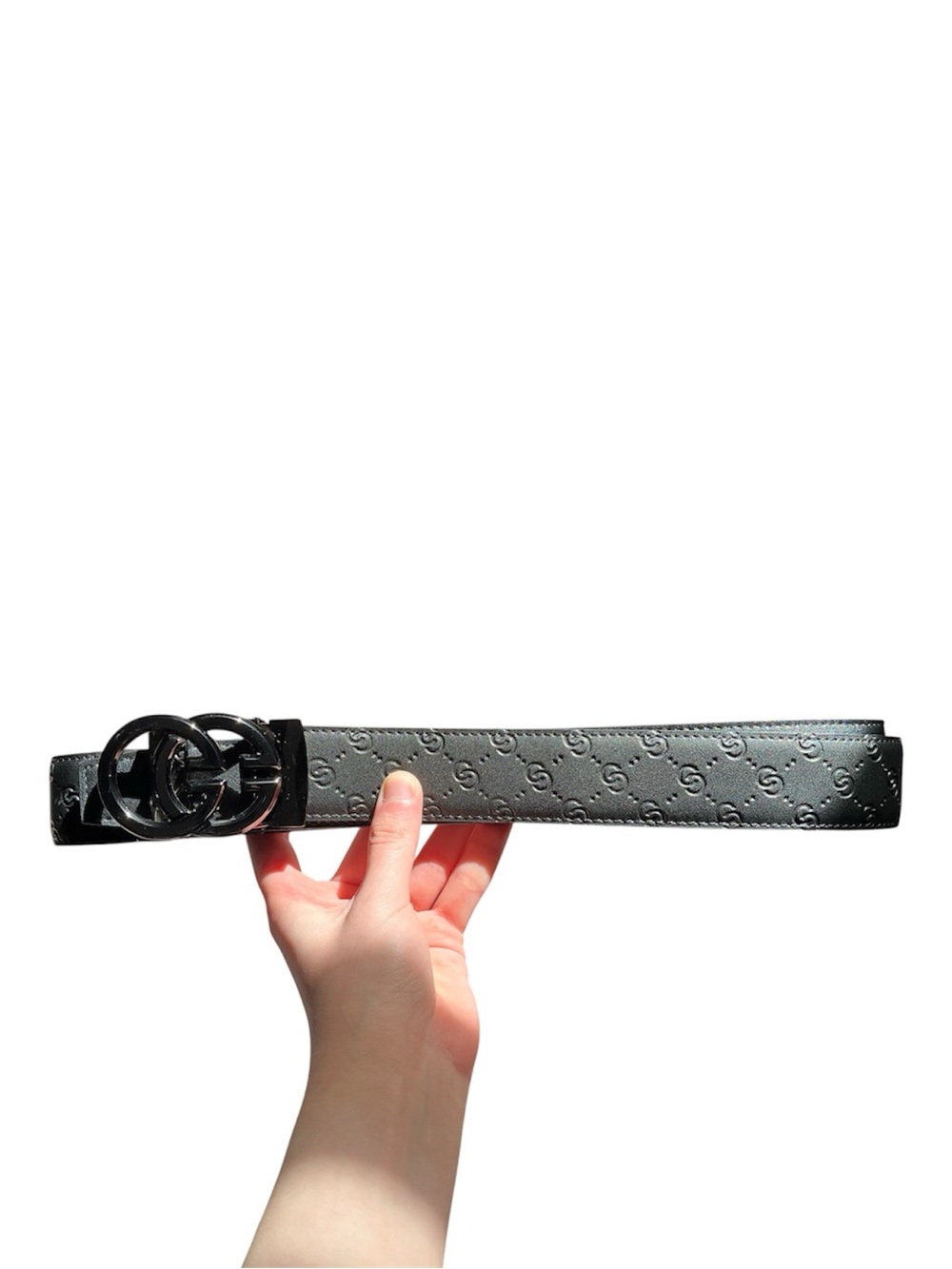 Black GG Leather Belt With Designs